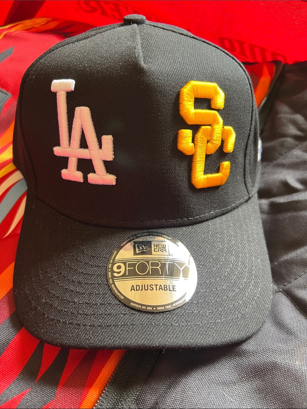 New Era Black Cap with White LA and Yellow SC Embroidery